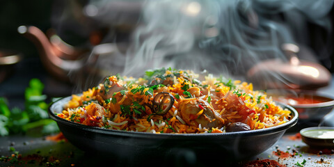 Steam rising from a bowl of biryani with saffron, chicken and fried onions 