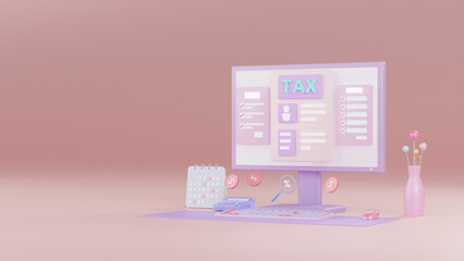 A stylized computer display with tax forms and calculator, set in a pastel scene.