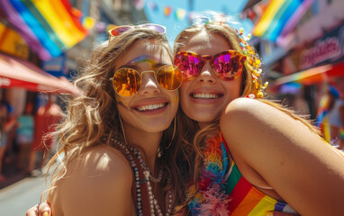 Two Friends Celebrating Together Colorful Pride Sunglasses LGBTQ+ Love Acceptance Women