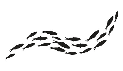 Silhouette of a school of fish, diagonal wavy school of fish on a white background.