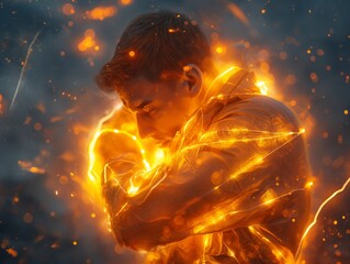 A man is surrounded by fire and is wearing a yellow jacket. Concept of danger and fear, as the man is being engulfed by the flames. The bright orange color of the jacket