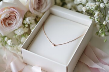 Elegant necklace in gift box with flowers - Powered by Adobe
