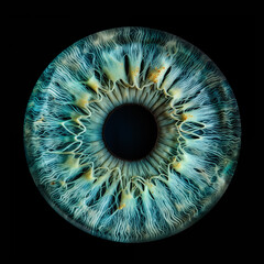 Close-up of the iris of a blue human eye against black background - 781457426