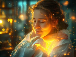 A woman is hugging a glowing light. The light is yellow and it is shining on her face. The woman is smiling and she is happy. The scene is warm and inviting, and it gives off a feeling of comfort