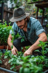 Fototapeta premium man planting herbs or vegetables in a small backyard garden. ai generated
