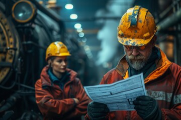 Heavy industry plant, modern equipment, gears, engineers and workers