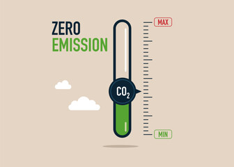 Turning gauge arrow pointer to lowest level of CO2. New energy to energy and transportation. Zero emission. Flat vector illustration