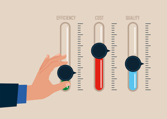Hand turning gauge.  Level control и business cost optimization,  efficiency and quality. Modern vector illustration in flat style. - obrazy, fototapety, plakaty