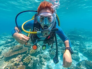 A woman is scuba diving in the ocean. She is wearing a blue wetsuit and a yellow and black scuba gear
