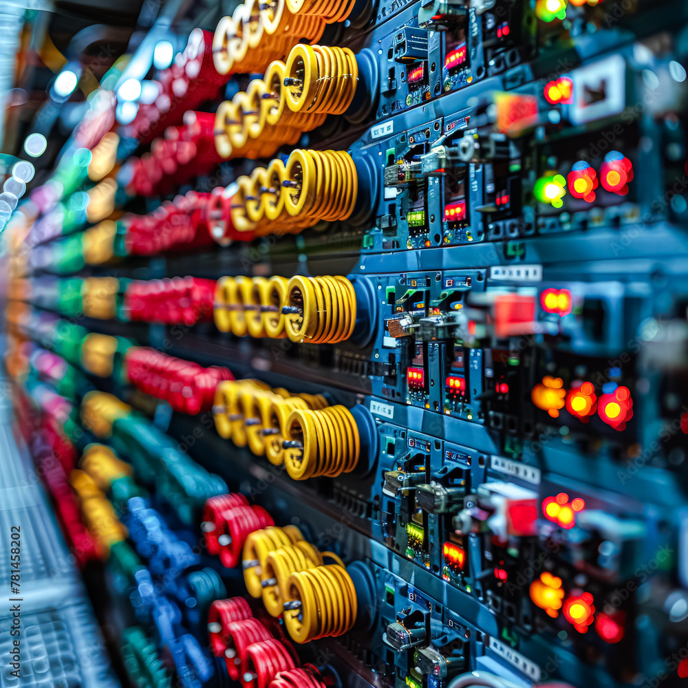 Poster a row of colorful wires with a red light on the right. the wires are in different colors and are con