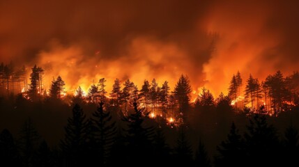 Intense Forest Fire at Night With Trees Engulfed in Flames - obrazy, fototapety, plakaty