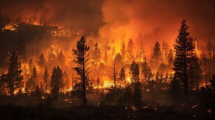 Intense Wildfire Engulfing Forest at Twilight - obrazy, fototapety, plakaty