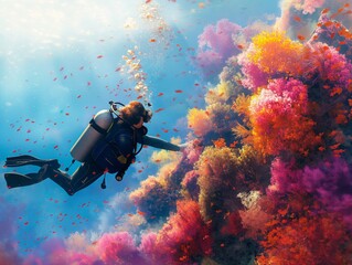 A man is diving into a colorful coral reef. The water is clear and the coral is vibrant with a variety of colors. The man is wearing a black wetsuit and a black backpack