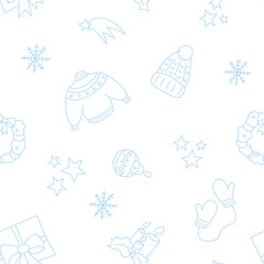 Vector illustration. Happy New Year and Merry Christmas backgraund with hand-drawn New Year and Christmas symbols in sketch style. Festive pattern for textiles, wallpaper, packaging, wrapping paper.