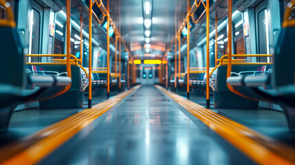 interior of modern empty tram or train with yellow seats and orange handrail, blurred background. Urban city transportation concept - obrazy, fototapety, plakaty