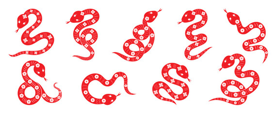 Chinese New Year snake design vector set. Element zodiac sign year of the snake with cherry blossom flower pattern on snake red color. Illustration design of background, card, sticker, calendar.
