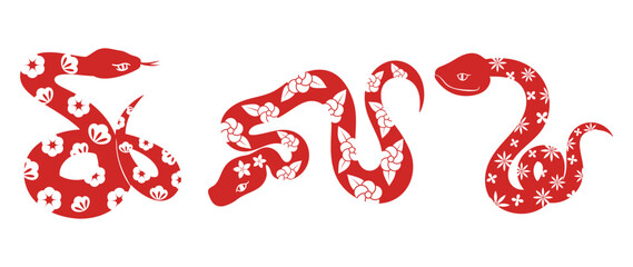 Chinese New Year snake design vector set. Element zodiac sign year of the snake with cherry blossom flower pattern on snake red color. Illustration design of background, card, sticker, calendar.