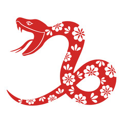 Chinese New Year snake character vector. Zodiac sign year of the snake with cherry blossom flower pattern on snake red color. Illustration design of background, card, sticker, calendar.