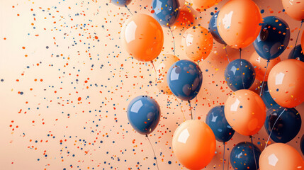An array of glossy balloons in blue and orange floats amidst a shower of confetti, conveying a festive atmosphere