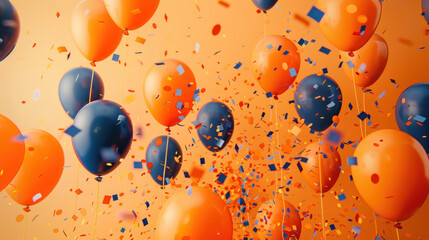 Thousands of confetti pieces twirl around a multitude of floating orange and navy blue balloons,...