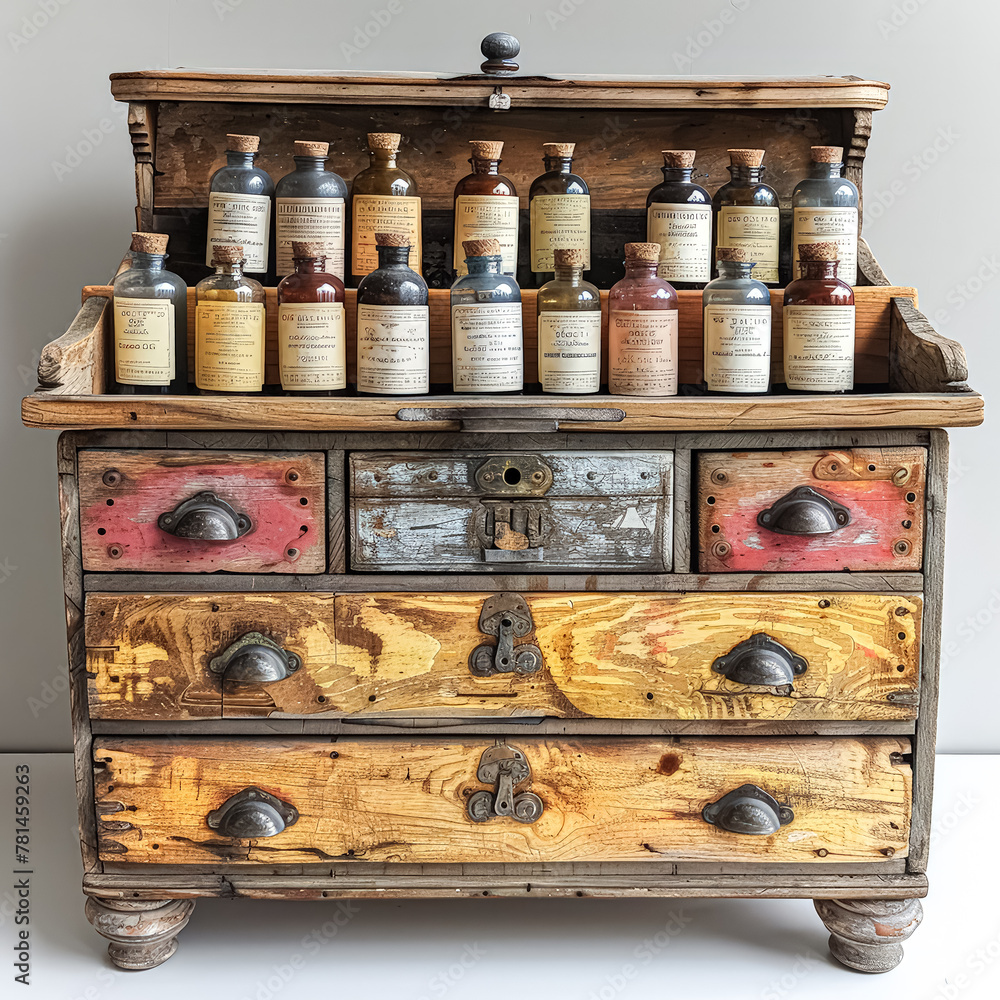 Poster a wooden chest with many bottles inside. the bottles are of different colors and sizes. the chest is