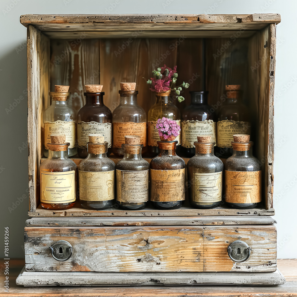 Poster A wooden chest with many bottles inside. The bottles are of different colors and sizes. The chest is old and has a rustic look