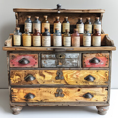 A wooden chest with many bottles inside. The bottles are of different colors and sizes. The chest is old and has a rustic look