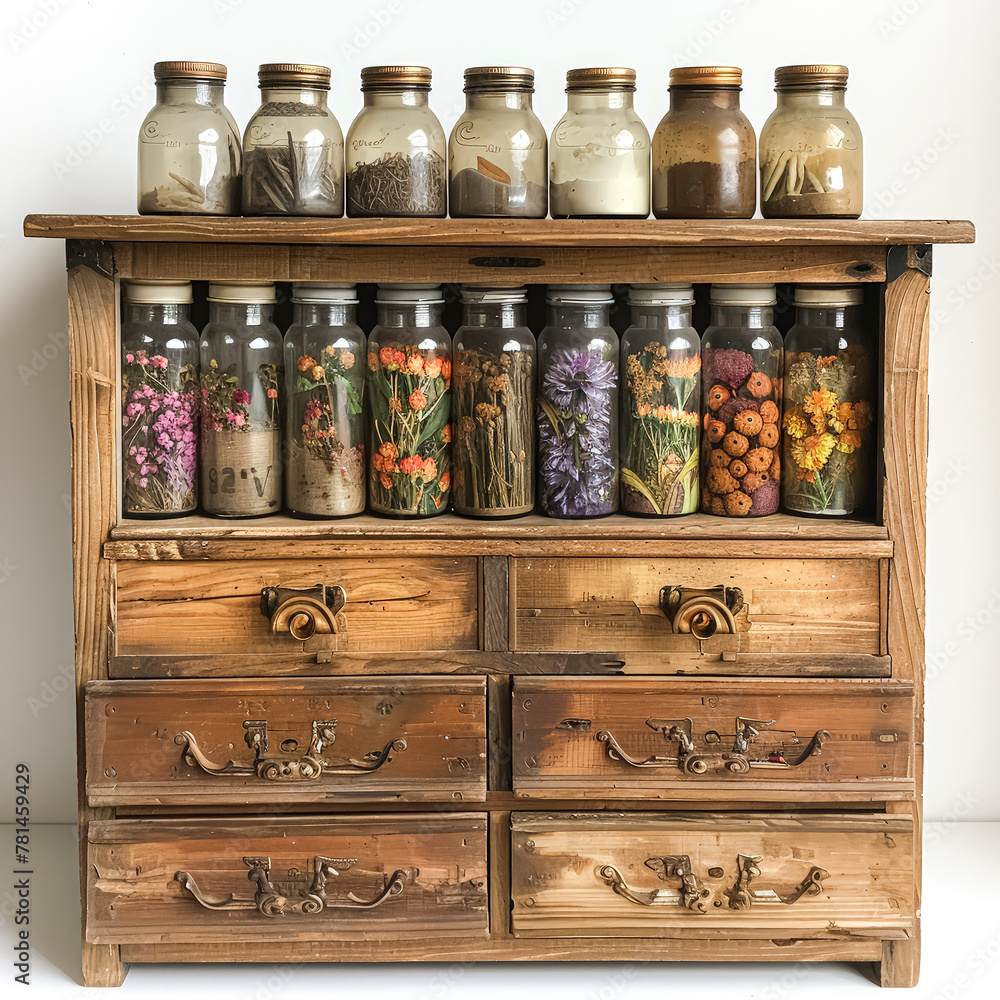 Poster a wooden chest with many bottles inside. the bottles are of different colors and sizes. the chest is