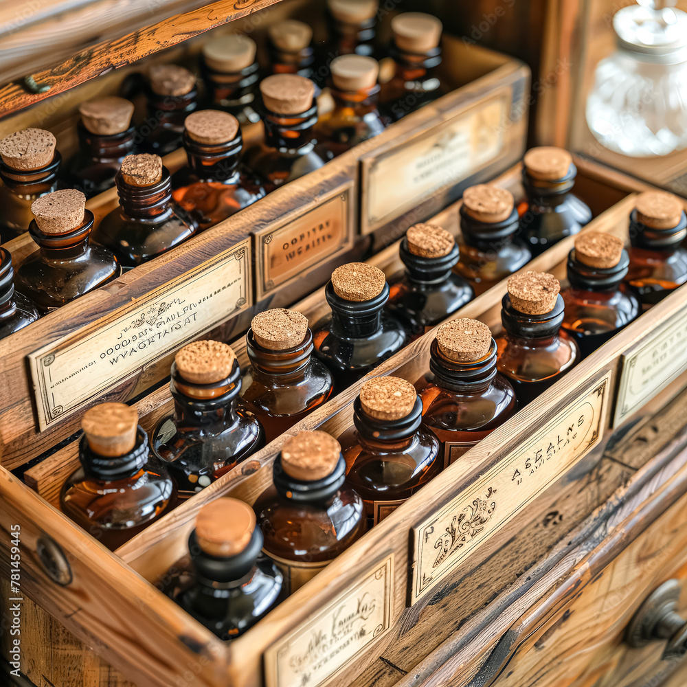Poster a wooden chest with many bottles inside. the bottles are of different colors and sizes. the chest is