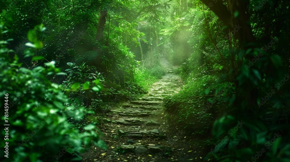 Poster Sunlight filtering through trees on forest path