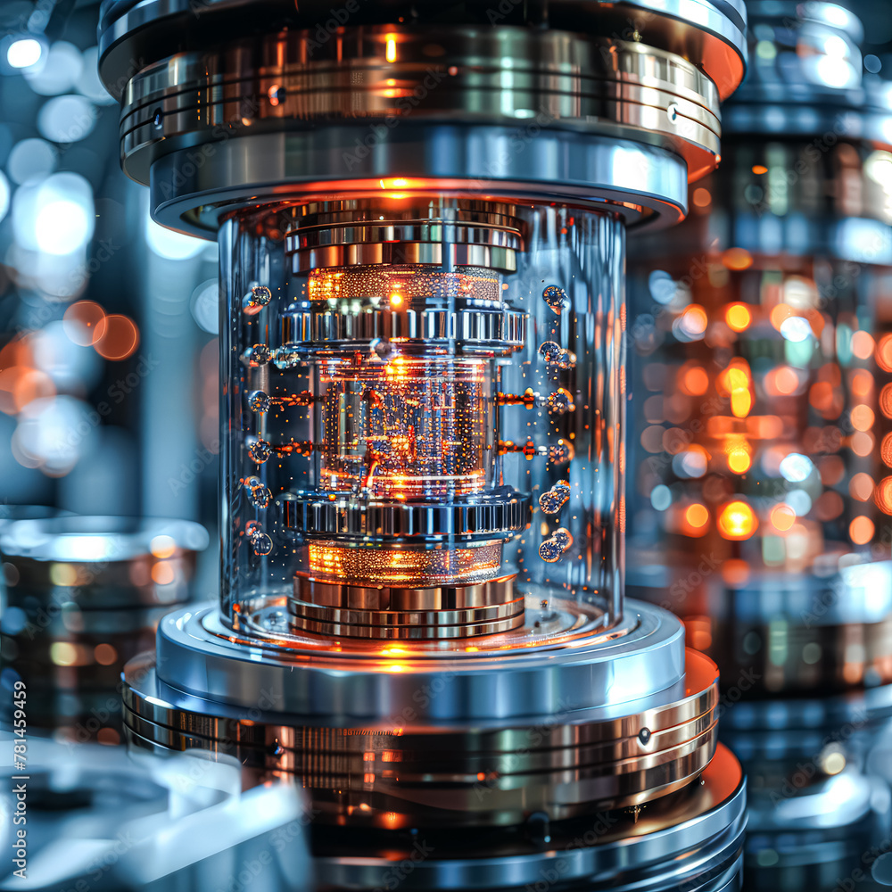 Poster a machine with gears and a light inside of it. the machine is made of metal and has a shiny, metalli
