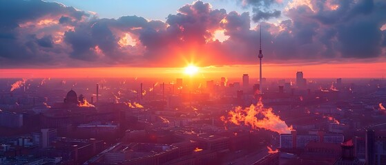 Berlin's Dusk: City Pulse and Industrial Hues. Concept Cityscapes, Night Photography, Urban Exploration, Street Art, Industrial Landscapes - obrazy, fototapety, plakaty