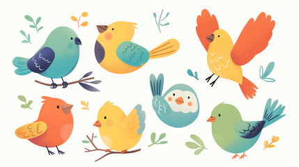 Conjunto de pássaros coloridos no fundo branco - Ilustração 