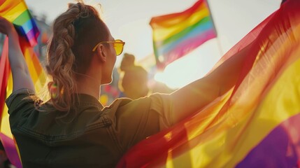 Person with raised fist wrapped in a rainbow flag at a pride parade. Sunflare and celebration concept