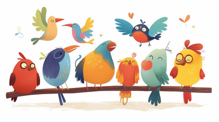 Conjunto de pássaros coloridos no fundo branco - Ilustração  - obrazy, fototapety, plakaty