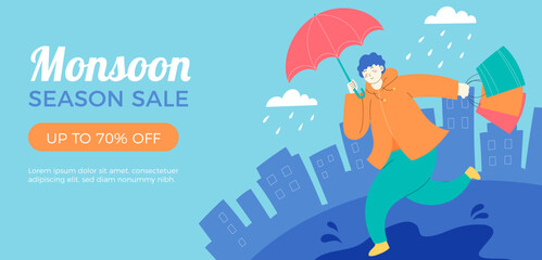 Flat horizontal sale banner template for monsoon season - obrazy, fototapety, plakaty