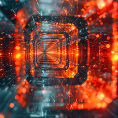 A bright red and blue tunnel with a lot of light and a lot of reflections. The tunnel is very long...