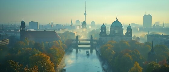 Misty Morning over Berlin's Historic and Modern Skyline. Concept Berlin, Skyline, Misty Morning, Historic, Modern