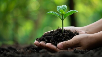 Young Plant Cradled in Hands Against a Green Background