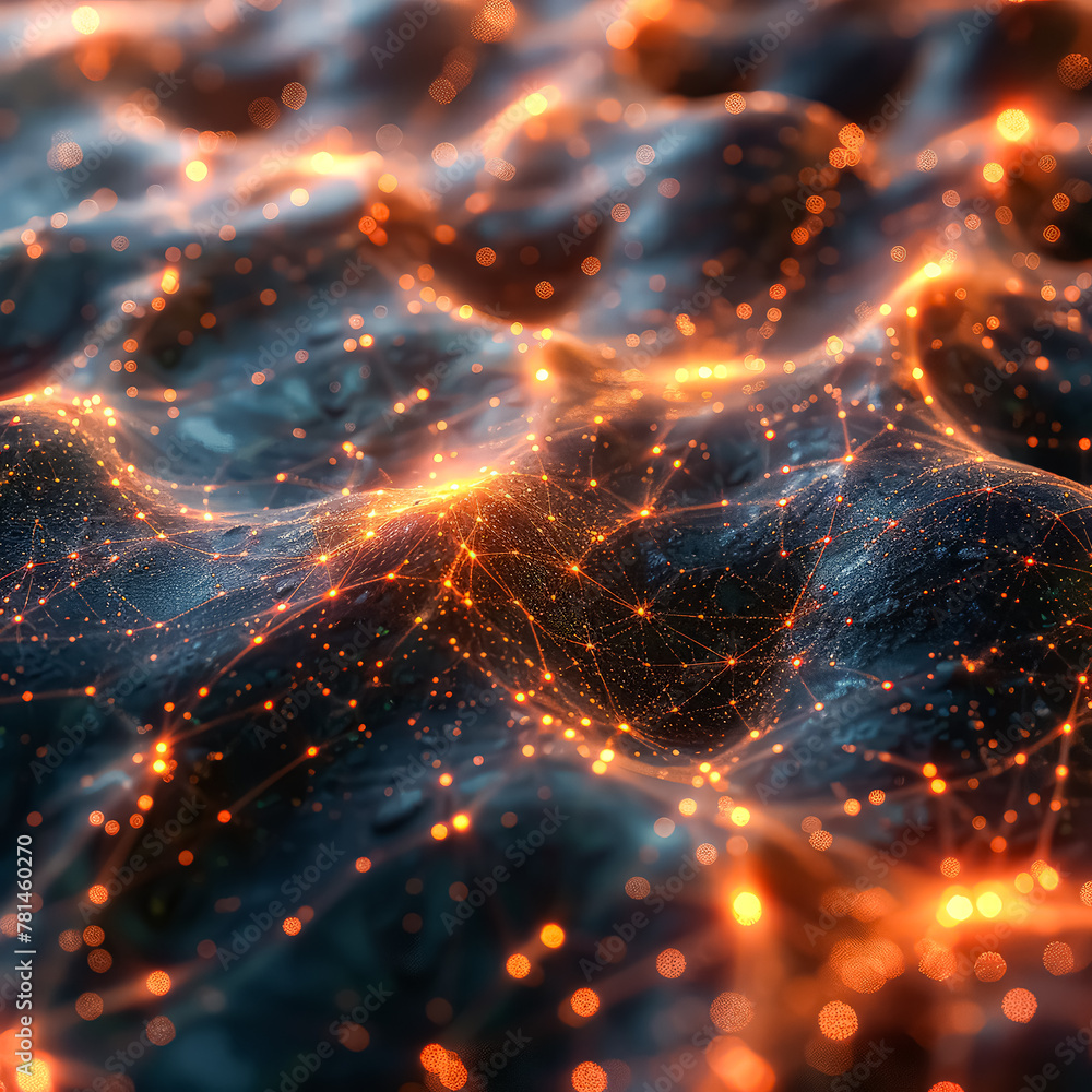 Poster the image is a computer generated image of a glowing blue and orange wave. the waves are made up of 