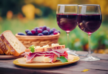 An outdoor picnic scene with two glasses of red wine, a plate with a sandwich, grapes in a basket, and sliced bread on a rustic wooden table with a blurred natural background.