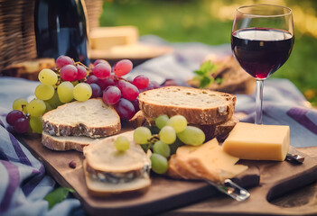 Picnic setting with wine, cheese, grapes, and bread on a blanket outdoors, with a focus on a glass of red wine and natural lighting. National cheese and wine day. - Powered by Adobe