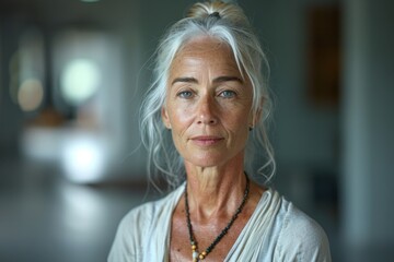 A serene elderly yoga instructor, adorned in a pink scarf and unique necklace, exudes wisdom and tranquility in a well-lit studio