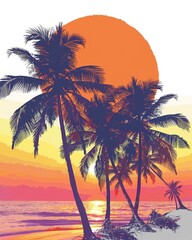 Sunset beach, palm trees silhouette, warm colors, tranquil scene, 