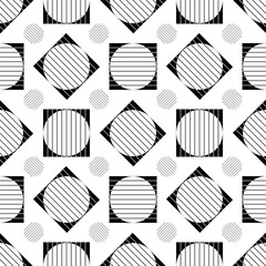 Abstract geometric vector black and white on white background pattern with circles in Memphis style, stylish modern trendy. Fabric texture, background, textile, print