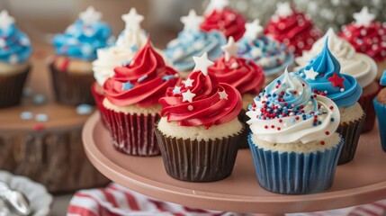 Fototapeta na wymiar Patriotic cupcakes with red, white, and blue frosting topped with stars.