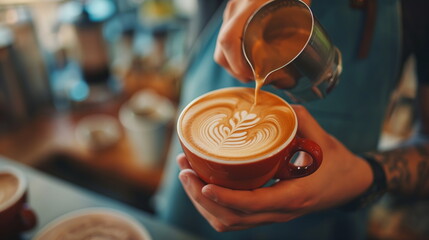Barista Creating Intricate Latte Art in Cozy Hipster Cafe, Artisanal Coffee Culture - obrazy, fototapety, plakaty