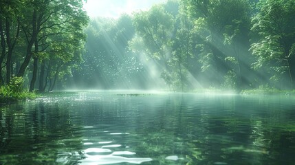 Capture the realism of the natural setting as mist rises from the surface of the lake and birdsong fills the air with music. Integrate psychic waves assets into the scene - obrazy, fototapety, plakaty