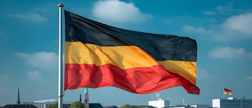 German Flag Billows Against Blue Sky - Symbol of National Pride. Concept German Flag, Blue Sky, National Pride, Symbolism, Billowing