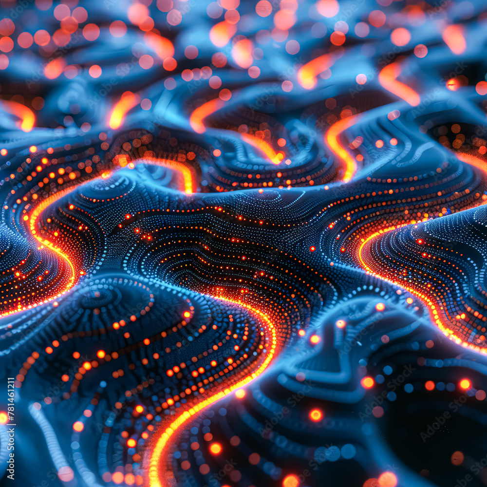 Poster the image is a computer generated image of a glowing blue and orange wave. the waves are made up of 